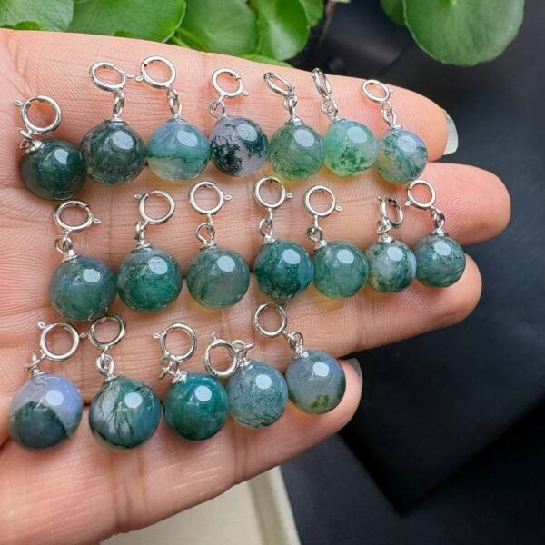 Natural Moss Agate Round Bead Pendant with a 925 Sterling Silver Bail – 8.5 mm