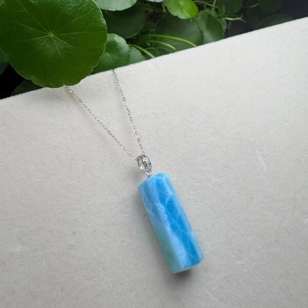 Natural Larimar Column Pendant with a 925 Sterling Silver Bail – 27 mm–31 mm