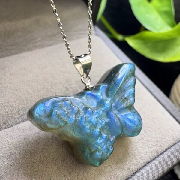 Natural Flash Labradorite Butterfly Pendant with a 925 Sterling Silver Bail