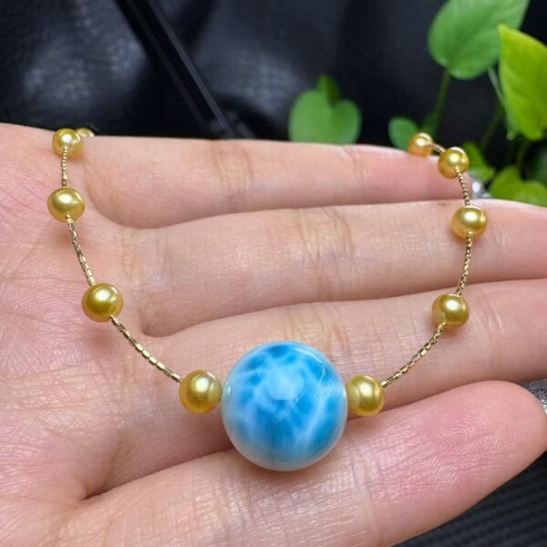 Natural Larimar Round Bead Necklace finished with 925 sterling silver fittings