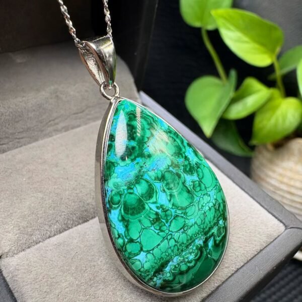 Natural Chrysocolla Pendant in 925 Sterling Silver – 35–41 mm