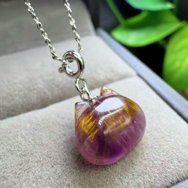Natural Violet Rutilated Quartz Cat Pendant in 925 Sterling Silver