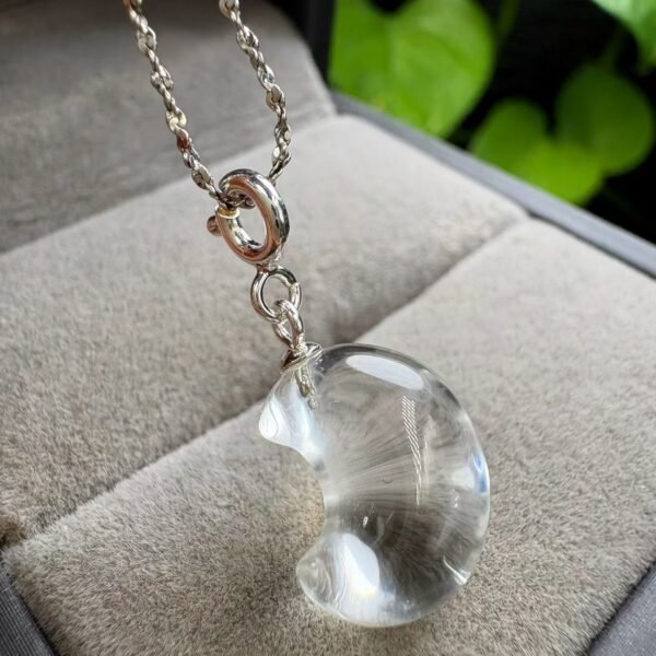 Natural Clear Quartz Moon Pendant with a 925 Sterling Silver Bail