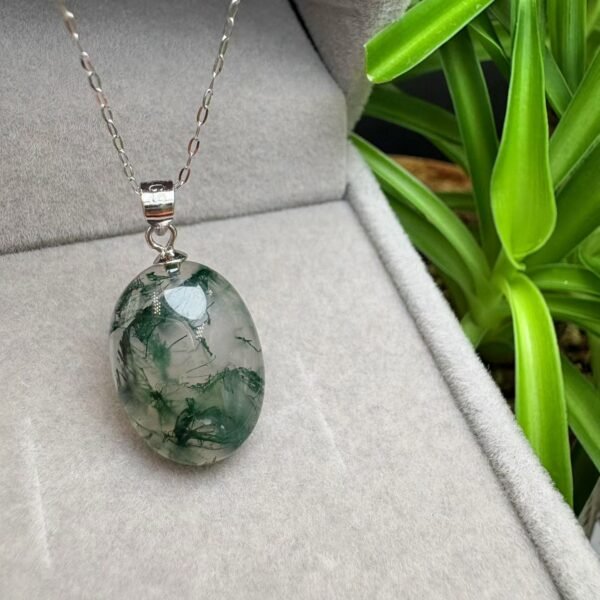 Natural Moss Agate Cabochon Pendant with a 925 Sterling Silver Bail