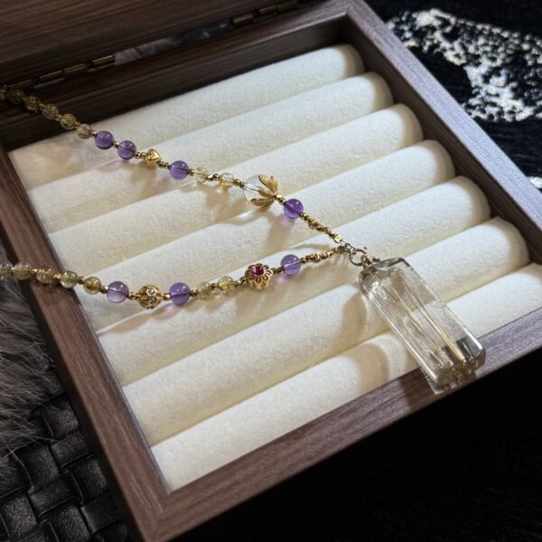 Rutilated Quartz Column Pendant with Amethyst Bead Chain
