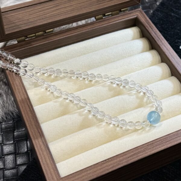 Clear Quartz Bead Necklace with Aquamarine Drop