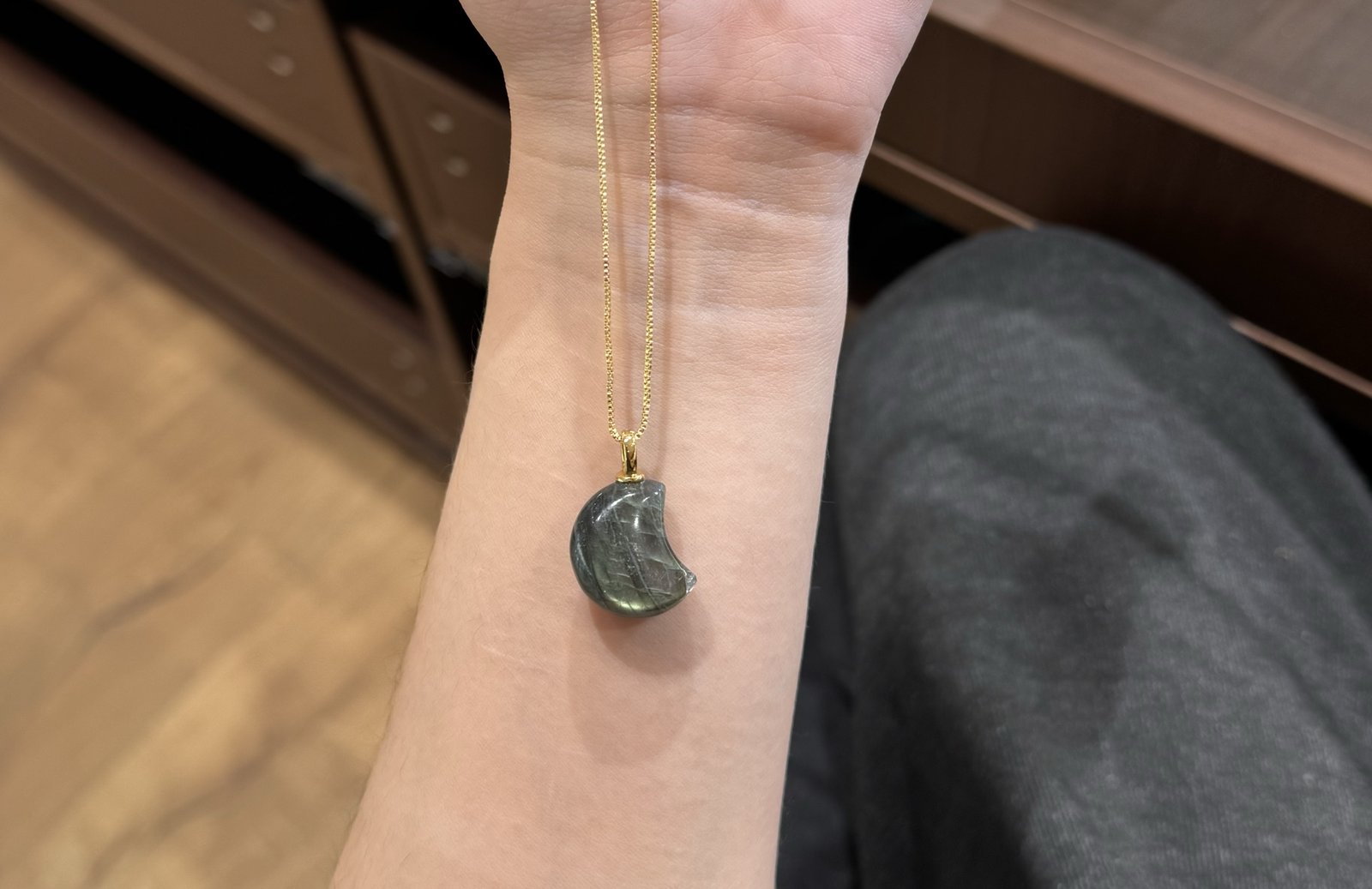 Grey Moonstone Crescent Pendant on Gold-Tone Chain - Image 3