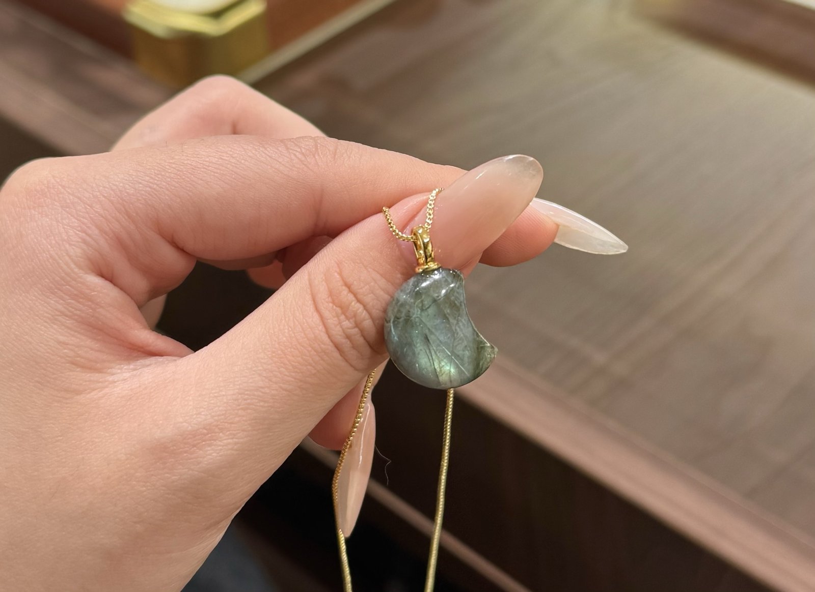 Grey Moonstone Crescent Pendant on Gold-Tone Chain - Image 5
