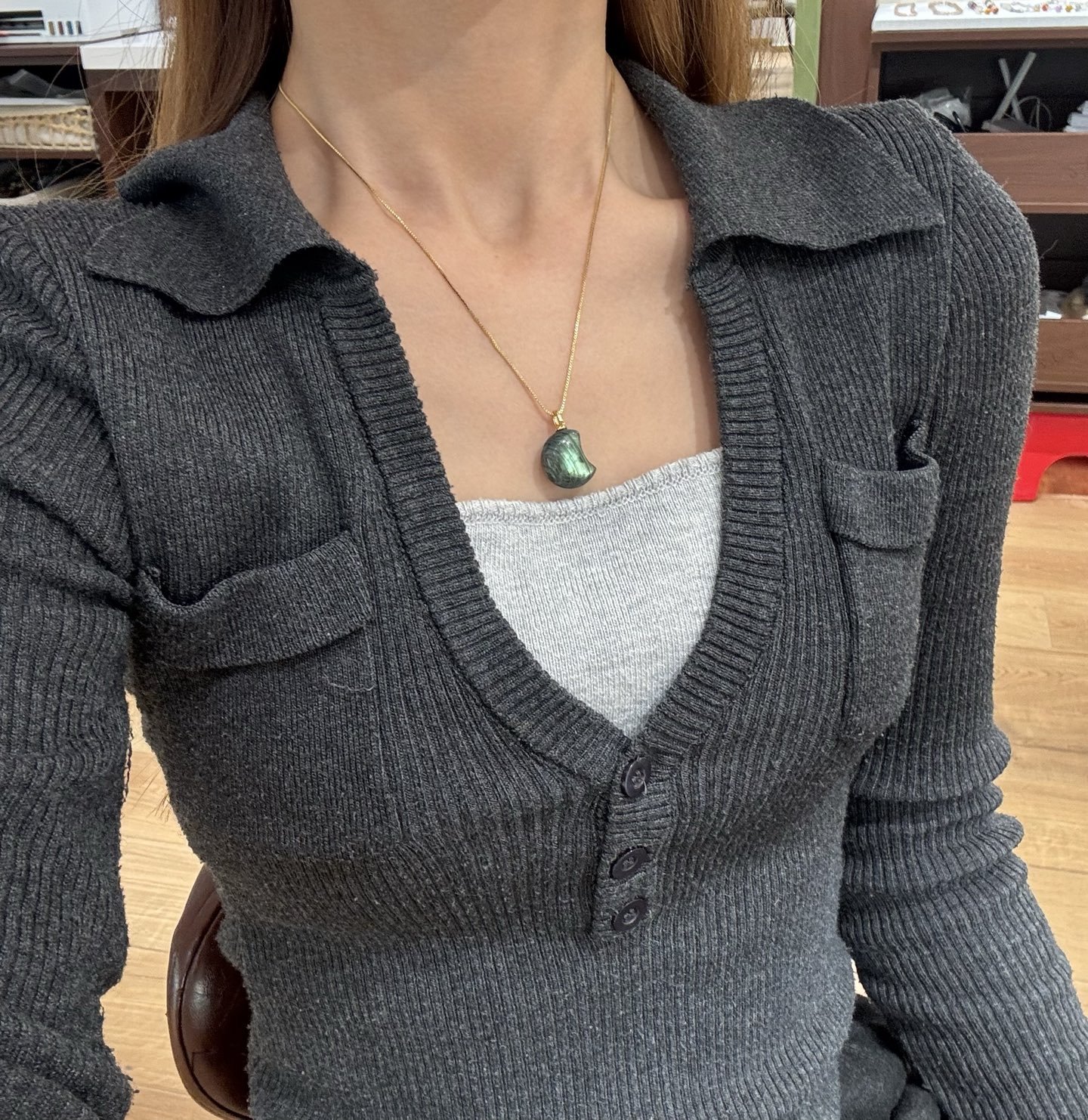 Grey Moonstone Crescent Pendant on Gold-Tone Chain - Image 6